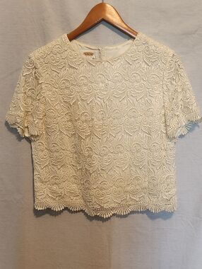 Talbots Cream Lace Short-Sleeve Crop Top